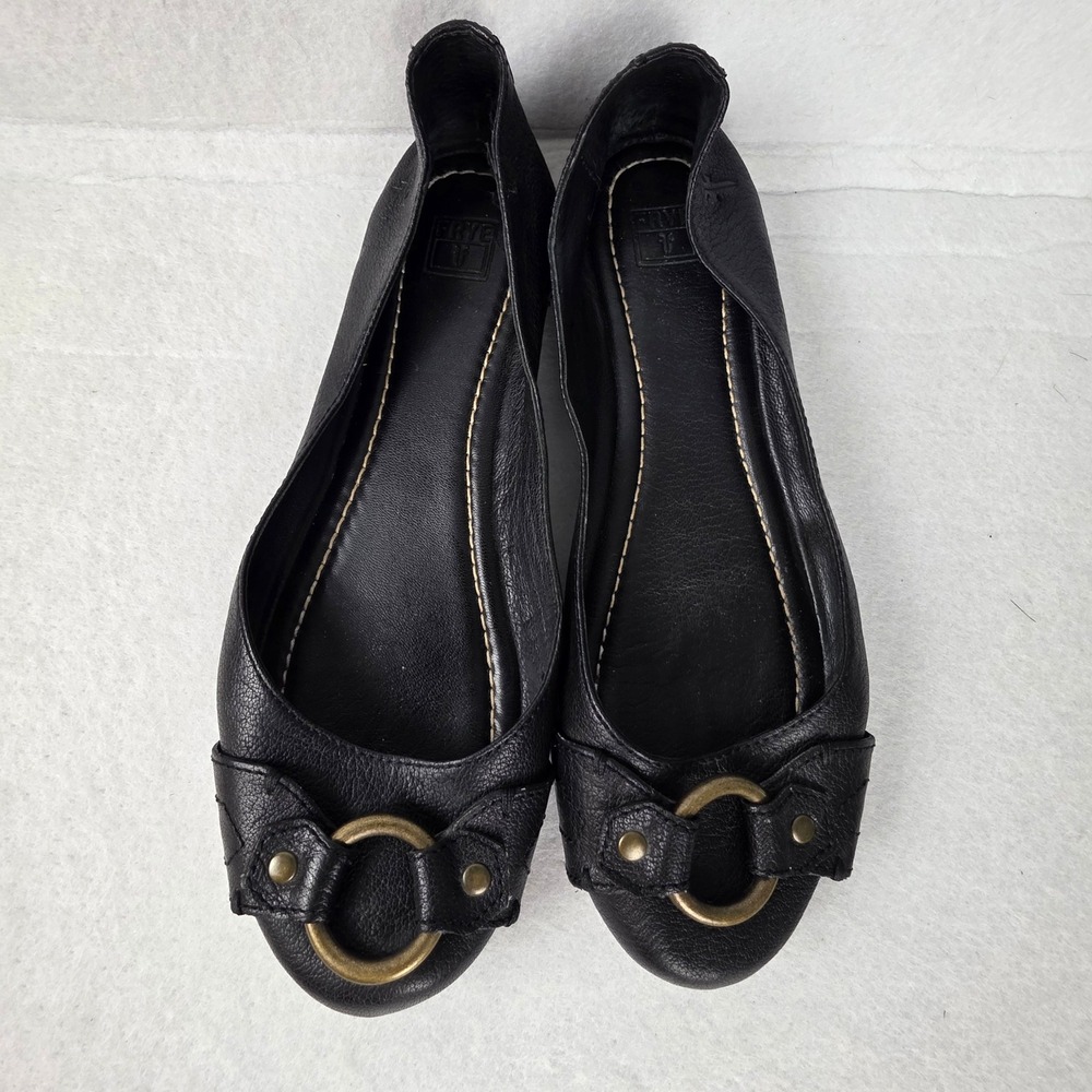 Frye Carson Harness Ballet Flats Black Leather Brass Ring Women's 7.5M Shoes - Picture 3 of 9